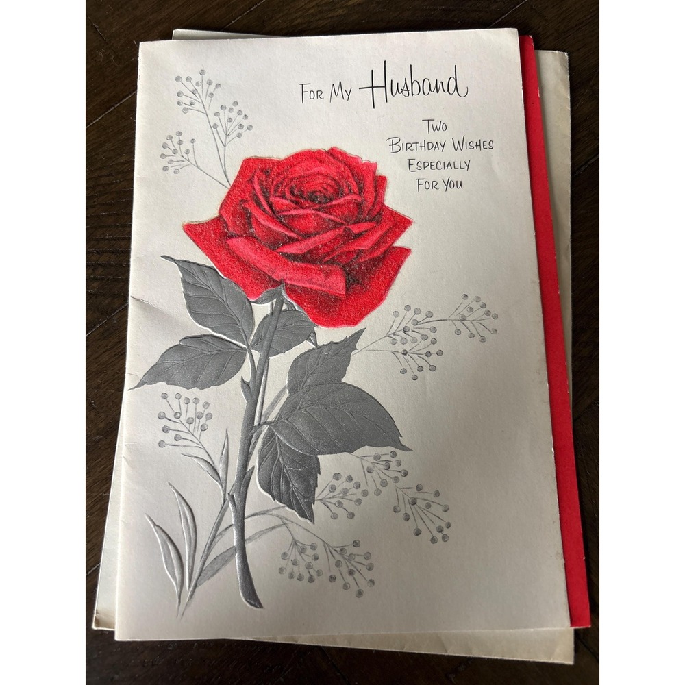 VTG Happy Birthday Husband 1950's Greeting Card Roses Unsigned‎ glitter etching
